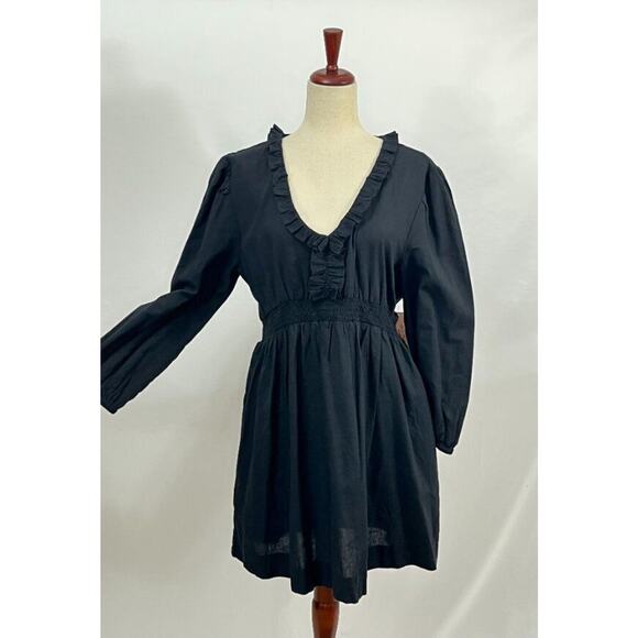 ABIGAIL ZWAANS Sz L Large Black Baie Ruffle Long Sleeve Dress NWT Cotton Linen - Picture 8 of 10